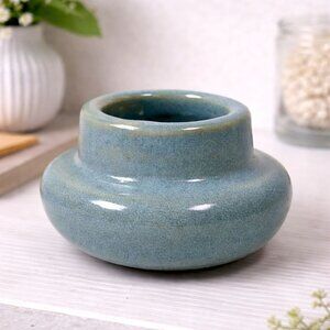 Vintage Studio Pottery Vase Blue Green Drip Glaze Mid Century Modern Planter Bow